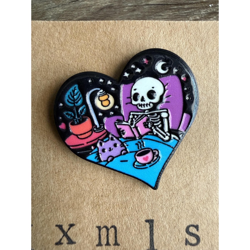 Cozy Goth Skeleton Dark Academia Reading Book Lover Granola Core Hard Enamel Pin